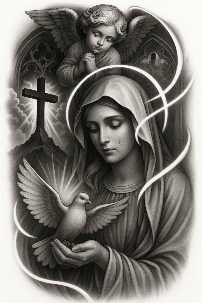 Virgin Mary in a hooded robe cradling a dove; angel above; cross on a hill left; Gothic arches in the background; grayscale, black and grey; tattoo project; not specifically for cover-up.