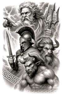 warriors-greece tattoo design ideas Surrealism symbolic motifs mythic war for outer arm