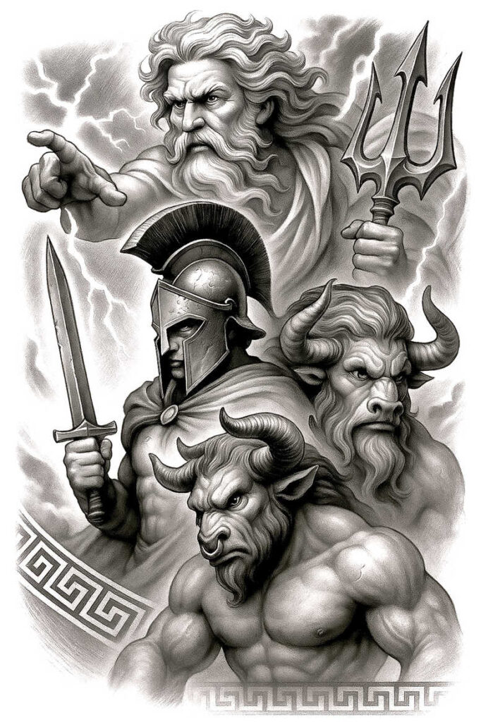warriors-greece tattoo design ideas Surrealism symbolic motifs mythic war for outer arm