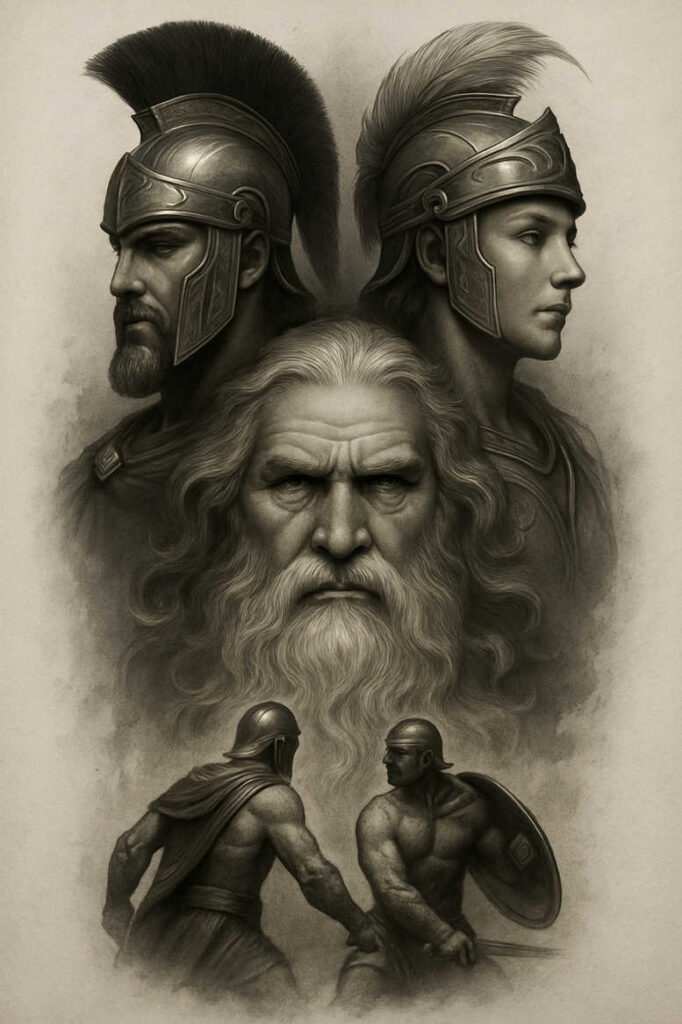 warriors-greece tattoo design ideas vector-style shield bearer strength and power