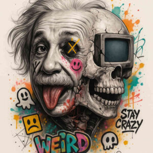 Face in black and gray merges with a cracked skull and a retro monitor helmet; tongue red; pink blush; yellow X over eye; graffiti splashes; ghost and emoji shapes. Project concept; not a cover-up.