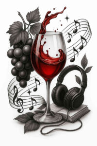 A black-and-grey tattoo idea featuring a wine glass with red wine, a grape-cluster, sheet music notes, headphones, and a book; ai-generated-tattoo-project; perfect-for-a-cover-up.