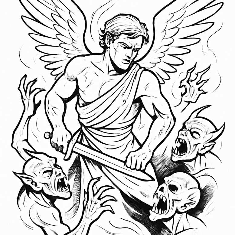 Angel with wings holding a sword battles demon heads and skulls in black and grey line art; tattoo project for cover-up.
