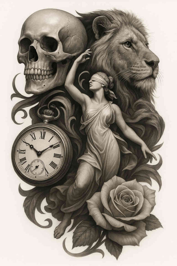 perseverance-symbol-wolf-tattoo – tattoo design ideas free ai generated – neotraditional-layered-fill – for-lower-arm – Gallery: wolves-inkby-ai