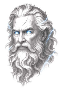 Face, beard, hair, eye, lightning; black and grey with blue accents; tattoo design idea; not cover-up.