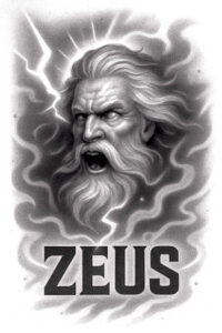 Zeus head portrait with stormy aura and lightning bolts in black and grey; tattoo concept, not suitable for cover-up.