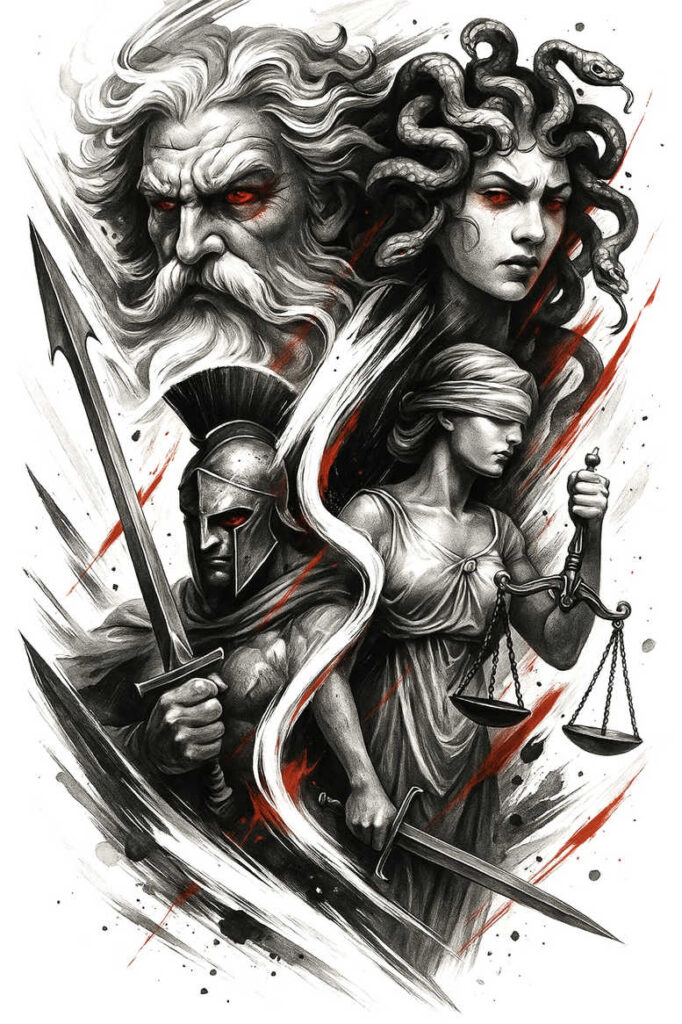 thunderbolt-tattoo – tattoo design ideas free ai generated – realism-high-contrast – for-upper-thigh – Gallery: zeus-inkby-ai