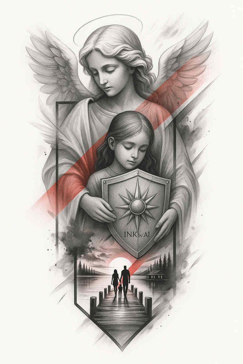 Angel and child with wings and halo above a distant cathedral, rendered in black and grey with subtle red accents; project idea, suitable for cover-up if needed.