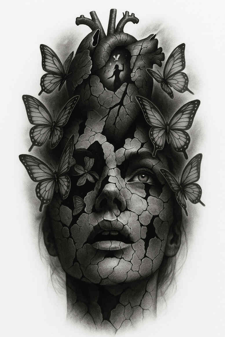 Black and grey tattoo concept of a woman's face with intertwining vines and leaves forming a lace overlay; project idea; cover-up suitable.
