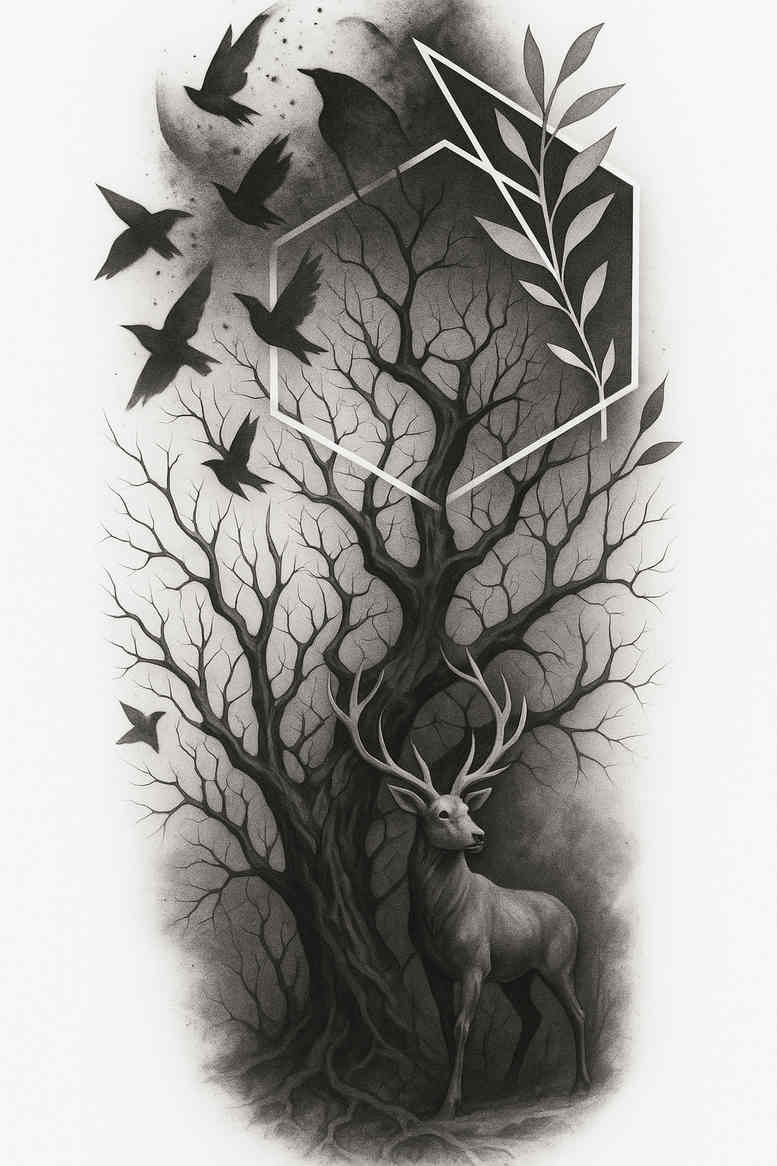 Black and grey tattoo design of a moonlit forest scene with a twisted tree, deer at the base, and birds in flight; grayscale concept image suitable for cover-up.
