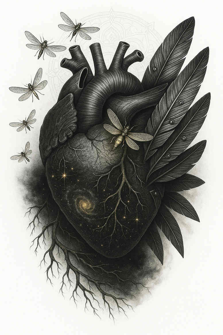 Black and grey tattoo of a realistic heart with leaves and dragonflies; a project/idea suitable for cover-up.