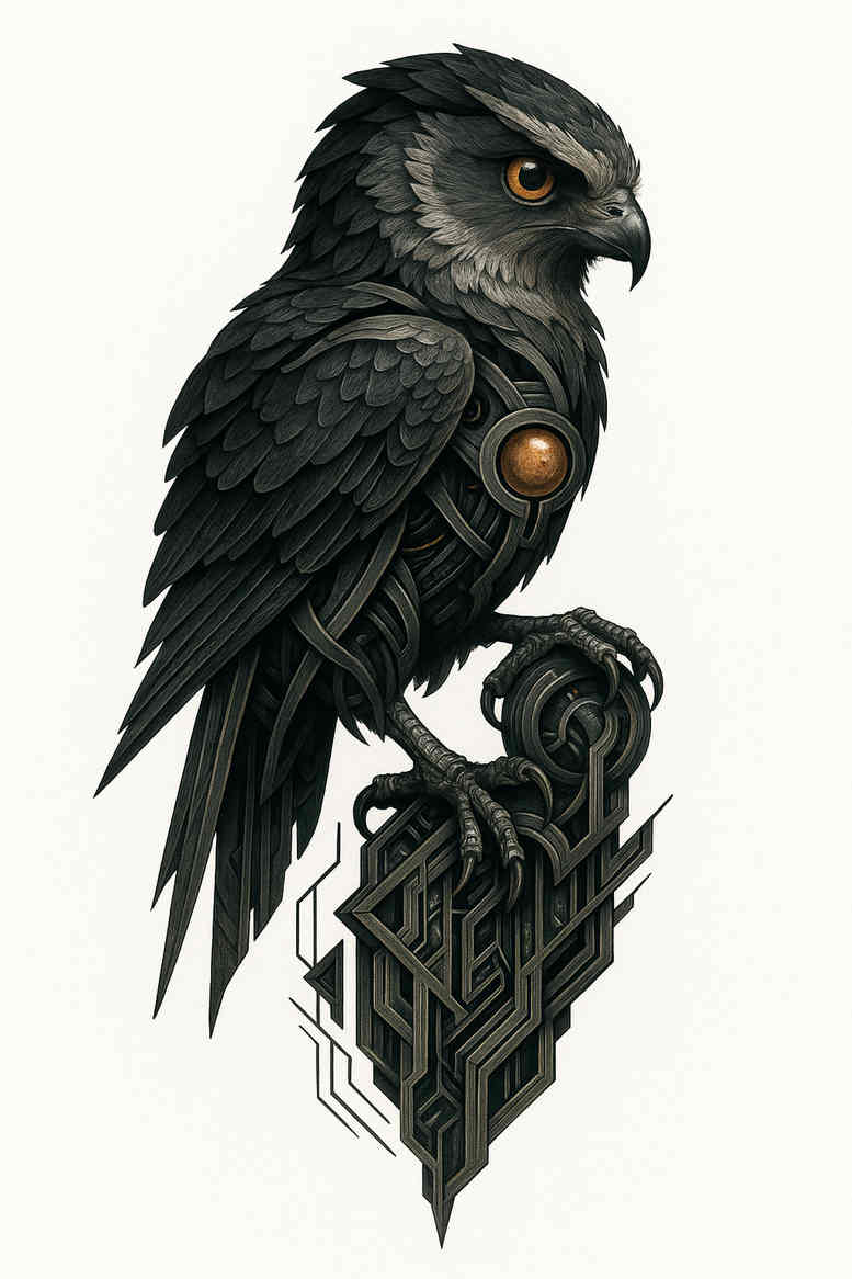 Black and grey tattoo design of an owl perched on a geometric base, a concept project, AI-generated, ideal for cover-up.