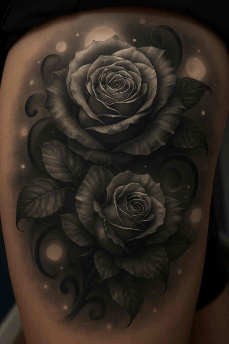Two black and grey roses tattoo design in grayscale on skin, a project/idea, ideal for cover-up.