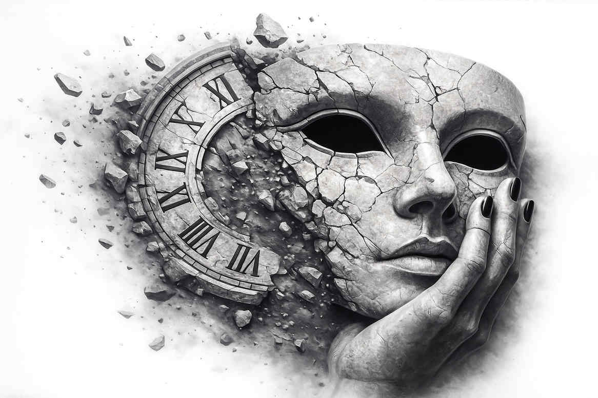 A monochrome tattoo design in black and grey featuring a masked face merging with a cracked clock, presented as an AI-generated concept for a cover-up idea.