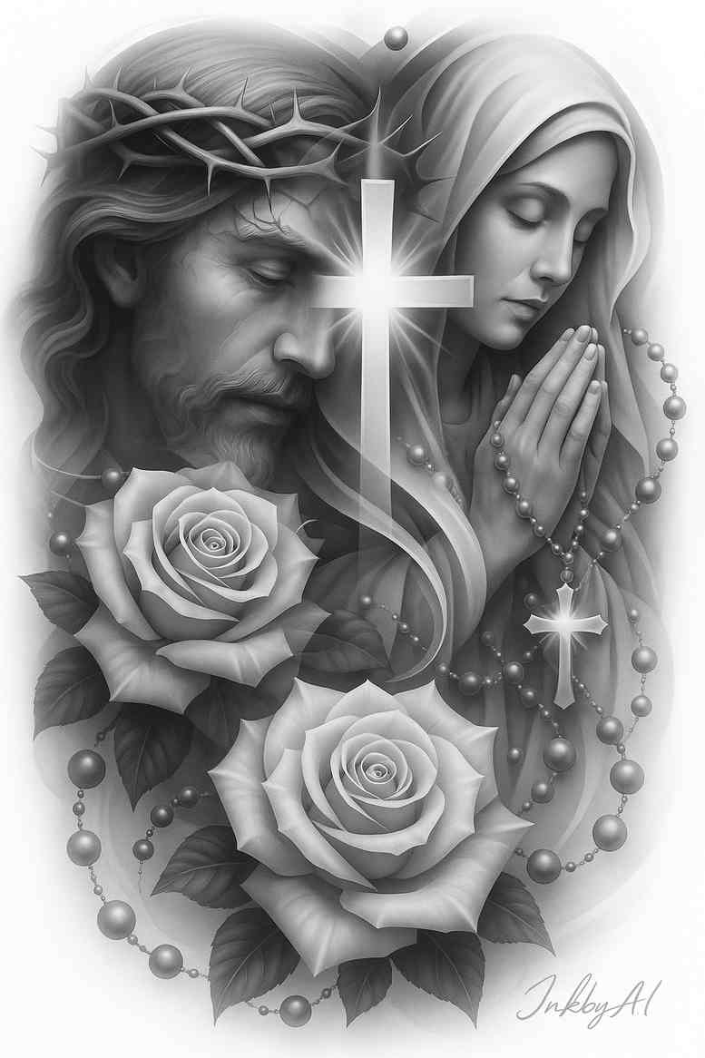 Black and grey tattoo design showing a central cross, rosary beads, two roses, and two women's faces; AI-generated concept; suitable for cover-up.