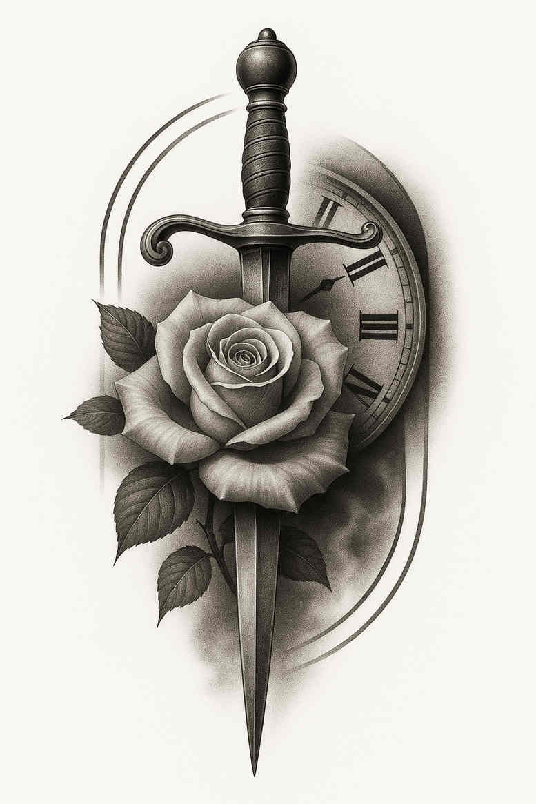 This is a project/idea black and grey tattoo showing a dagger piercing a blooming rose with a vintage clock in the background.