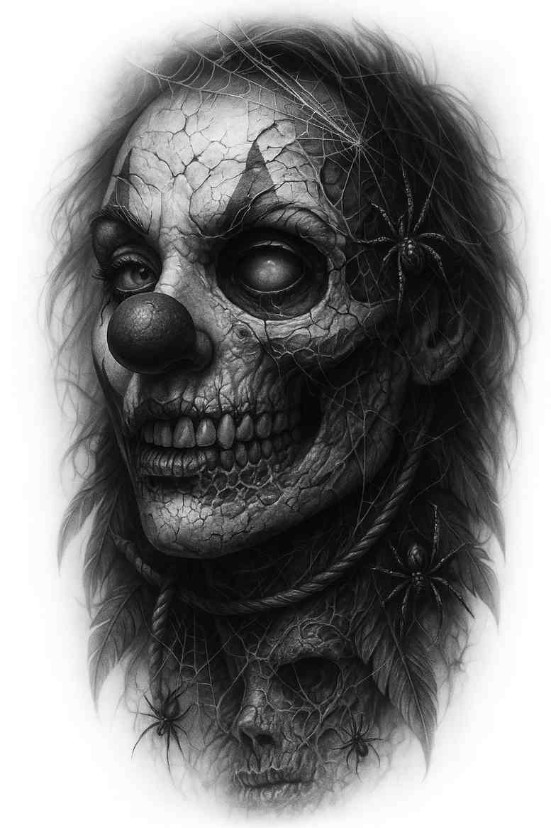 Clown-faced portrait in black and grey realism, highly detailed grayscale tattoo concept; AI-generated idea, suitable for cover-up.