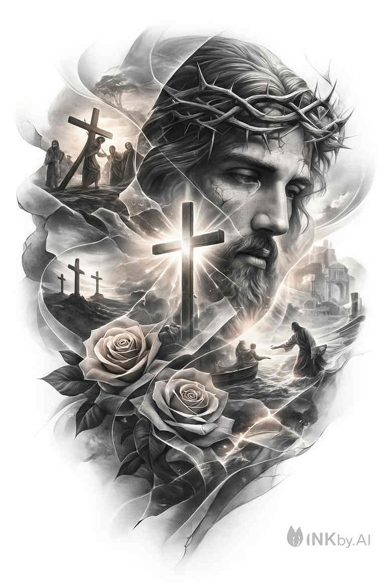 Black and grey tattoo design featuring a bearded portrait with a thorn crown, crosses and roses; AI-generated concept with strong cover-up potential.