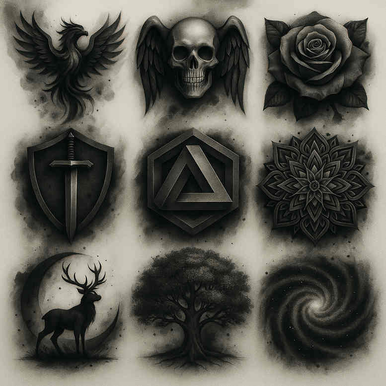 Dark grayscale tattoo concept in black and gray with a winged skull, a rose, a cross, triangle, deer, tree, spiral and mandala; project idea.