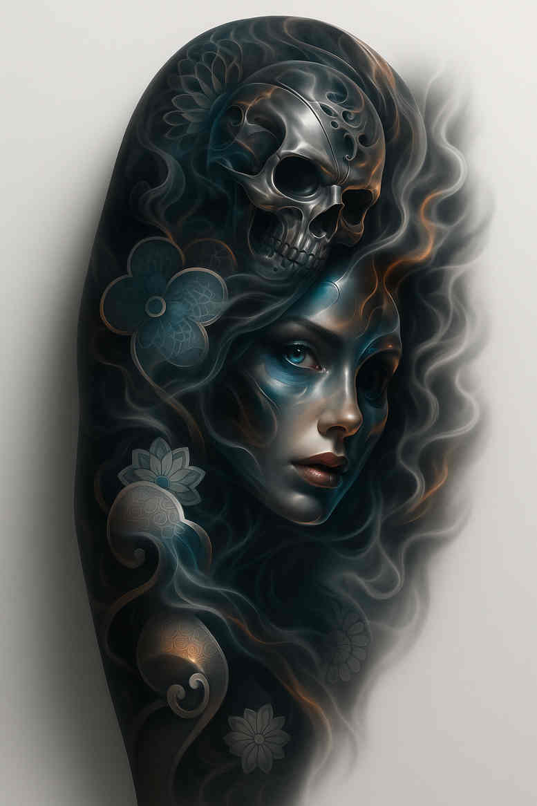 Black and grey tattoo design of a woman's face merged with a skull and smoky tendrils; a project idea, suitable for cover-up.