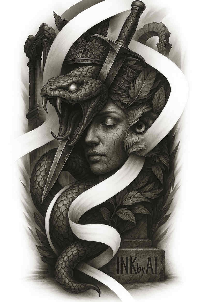 Portrait tattoo design in black and grey realism showing a woman’s face with a sword and a snake; project idea; cover-up suitable.