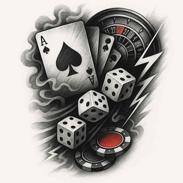 Project idea: a black and grey tattoo featuring a playing card, die, roulette wheel, and poker chip; this cover-up friendly concept is ideal for bold placement.
