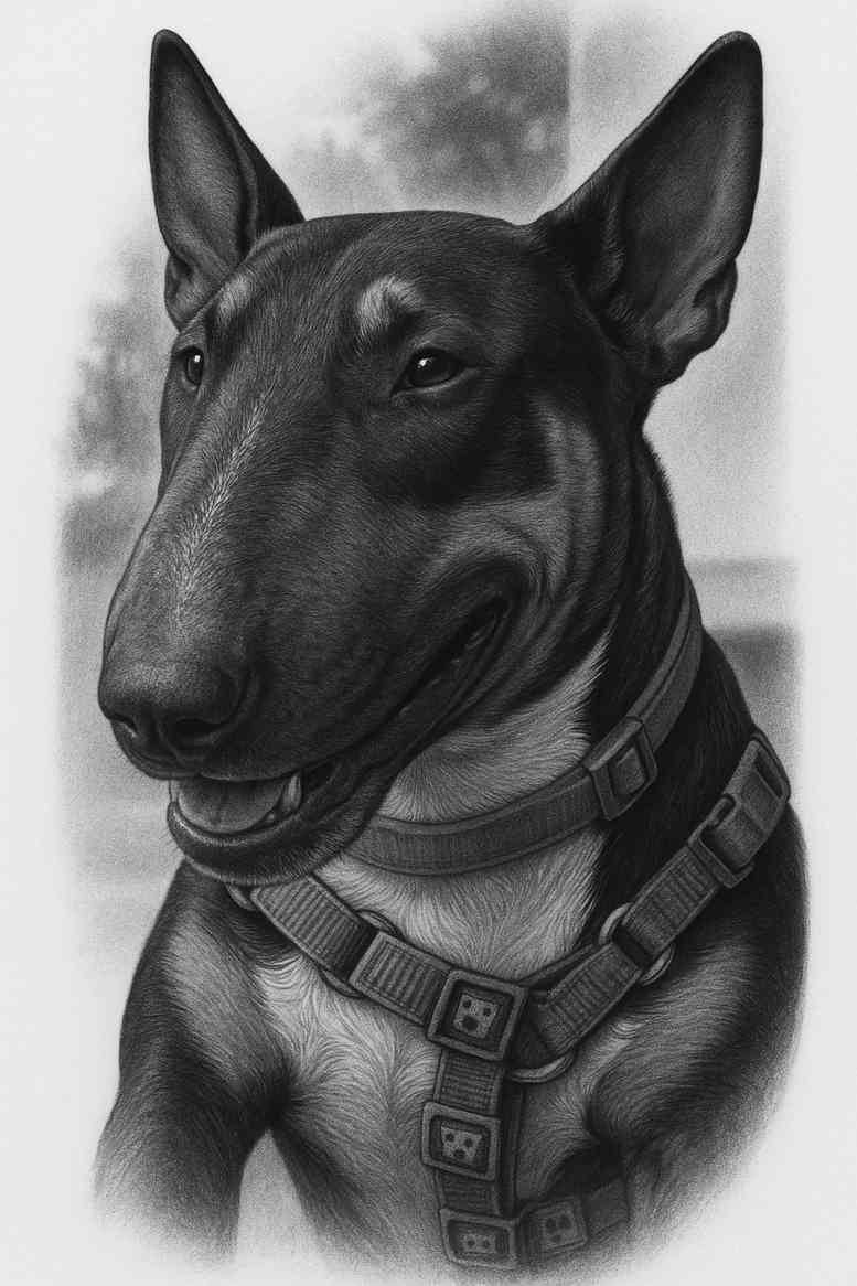 Dog portrait tattoo design in black and grey realism, a realistic dog head with collar, presented as a project idea.
