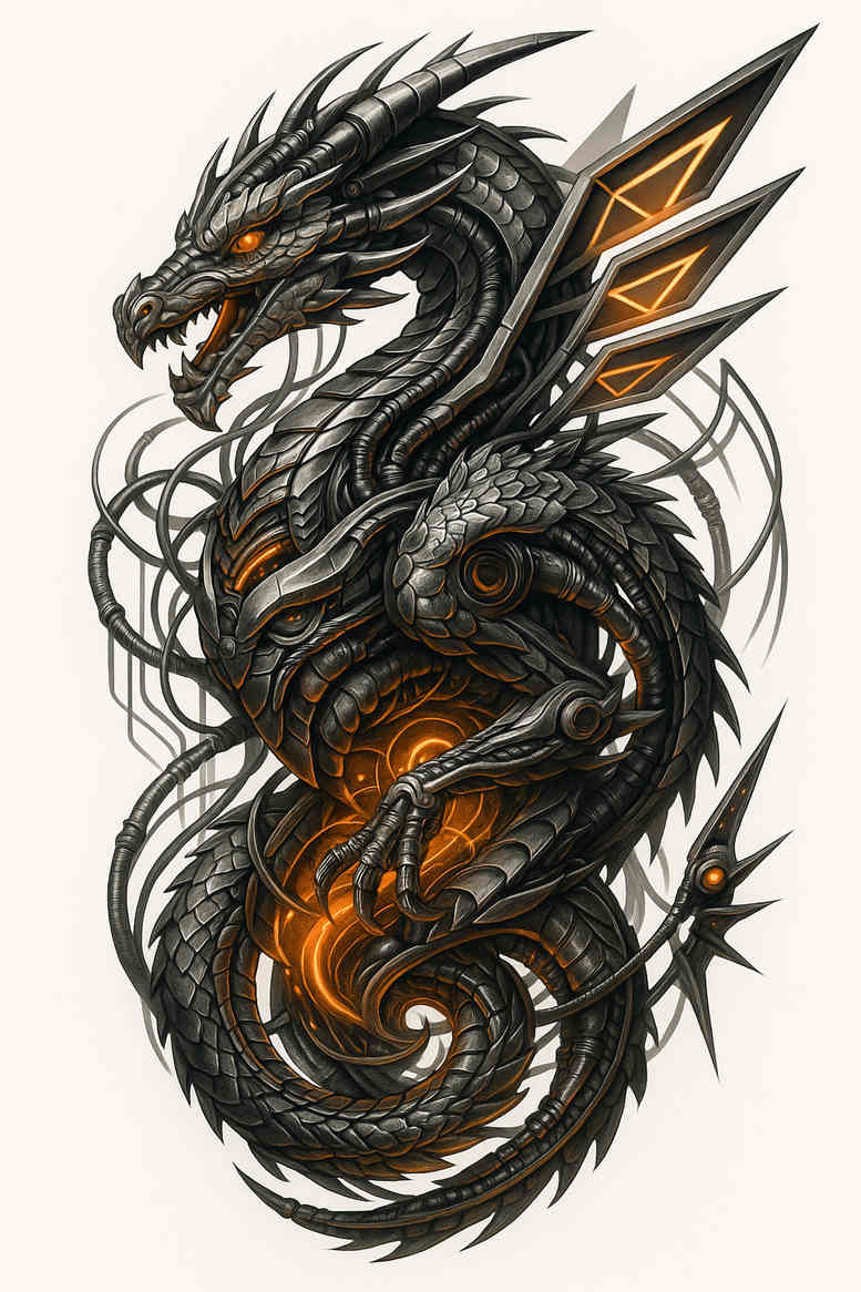 Dragon with flames and wings, in blackwork with orange highlights; color tattoo concept, AI-generated, ideal for cover-up.