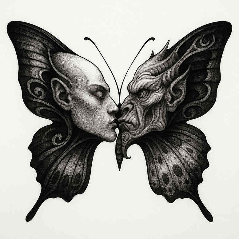 Black and grey tattoo design featuring two mirrored butterfly wings with entwined human faces, a project/idea; cover-up suitable.