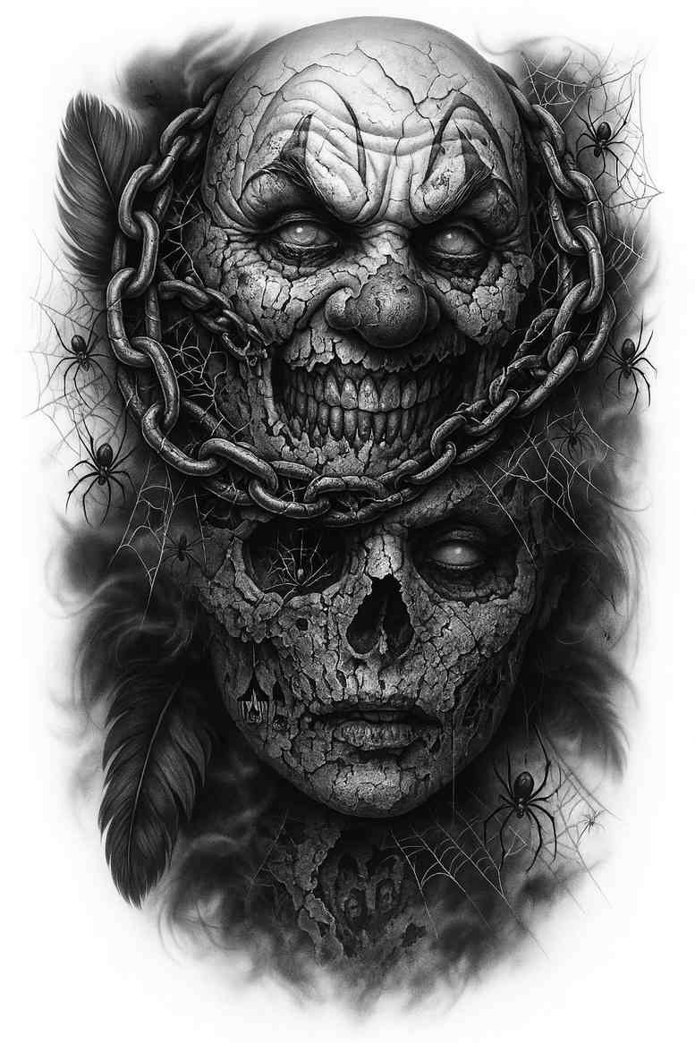 Two black and grey tattoo design showing skull and masked face; grayscale project idea, suitable for cover-up.