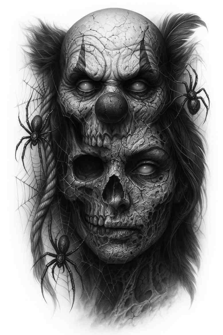 Two intertwined skulls tattoo in black and grey realism, grayscale shading; an AI-generated project idea, cover-up suitable.