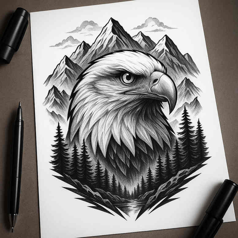 Eagle head in black and grey with mountains and pine forest — AI-generated tattoo concept, a project idea showing rugged nature and strength.