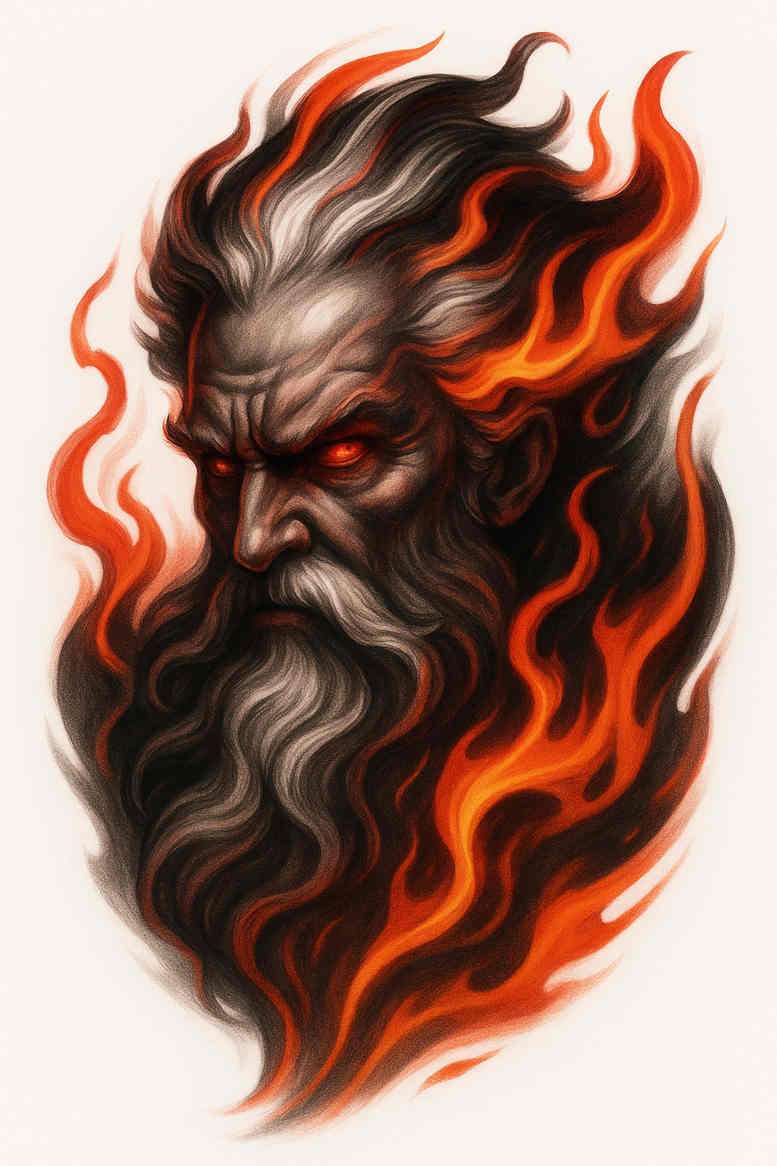 Color tattoo design of a fiery demon head with flames, a bold project idea; not a cover-up.