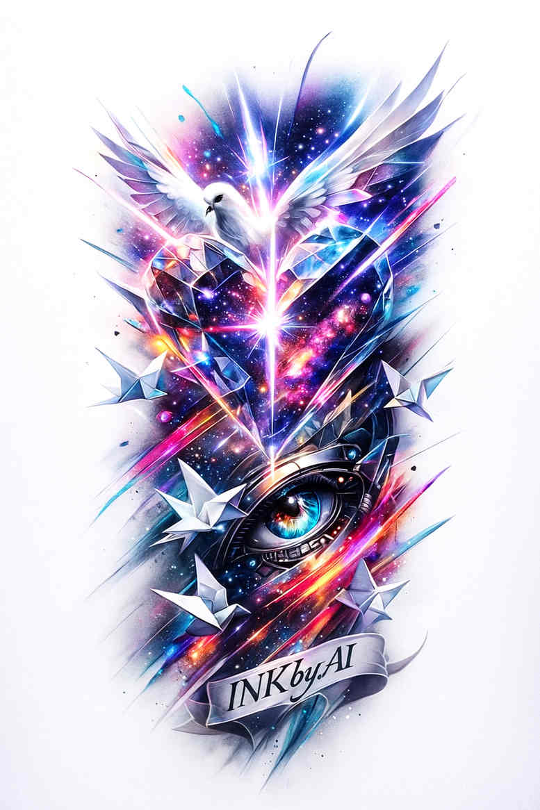 Color tattoo design with a central eye encircled by geometric neon shards and starburst patterns in vibrant blues, pinks, and purples; AI-generated concept.