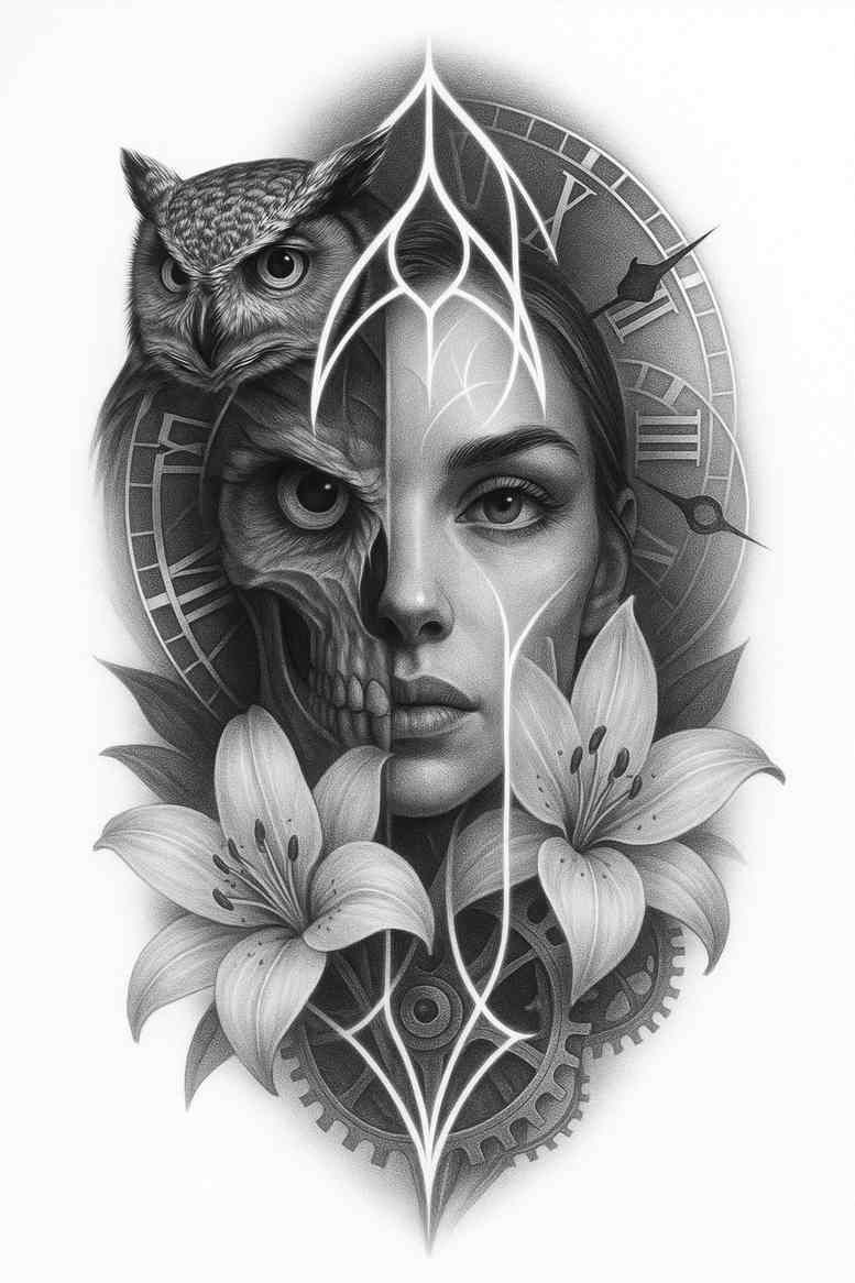 Black and grey geometric tattoo design of a woman's face intertwined with an owl and lotus, a project idea, with strong cover-up potential.