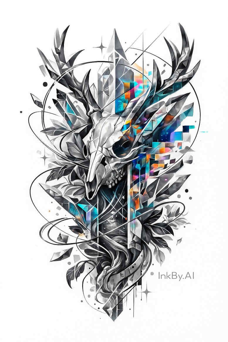 Geometric skull with antlers tattoo design in color, showcasing watercolor accents; project concept, not for cover-up.