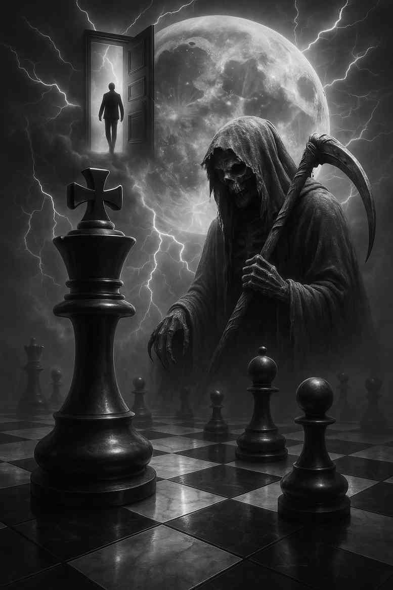 Black and grey tattoo concept of a Grim Reaper on a chessboard under a full moon; AI-generated project idea, perfect for cover-up.