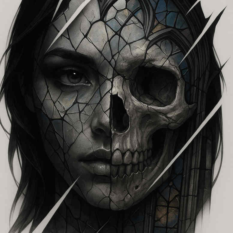 Half-face portrait of a woman merging into a skull in black and grey; project concept for a cover-up-ready tattoo design.