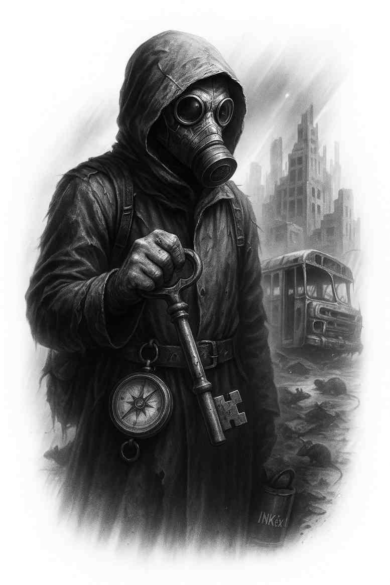 Hooded figure with pocket watch in grayscale; black and grey tattoo design concept, AI-generated idea, suitable for cover-up.