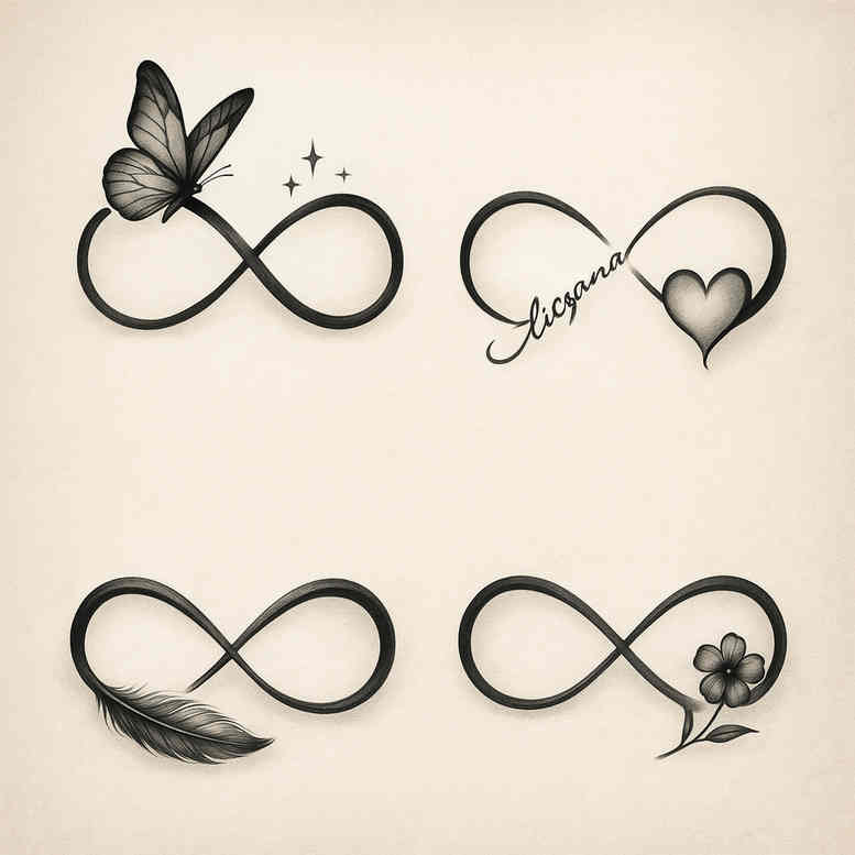 Four black and grey infinity tattoo designs in a project concept; includes butterfly, feather, heart, and rose.