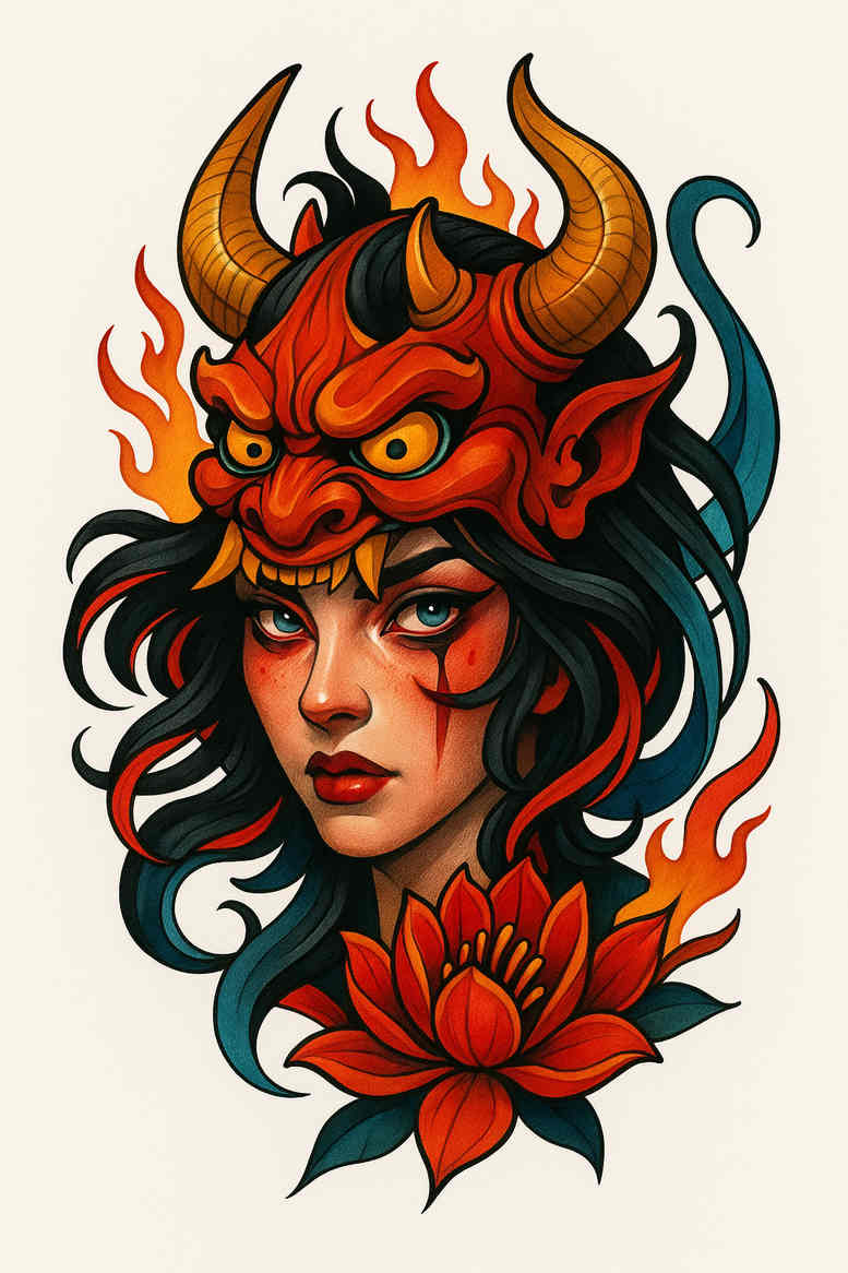 Color tattoo design of a Japanese oni demon woman with horns, flames, teal hair, and a lotus at the base; a project/idea.