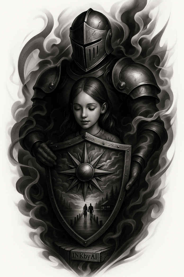 Black and grey tattoo design showing a armored knight shielding a maiden with smoky flames; project idea and cover-up ready.
