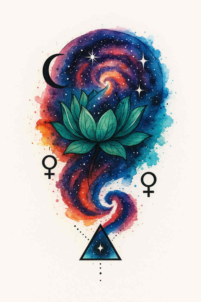 A color watercolor tattoo idea, a project concept, featuring a lotus flower centerpiece, a galaxy swirl, two Venus symbols on either side, and a triangular pendant at the bottom; color tattoo concept.