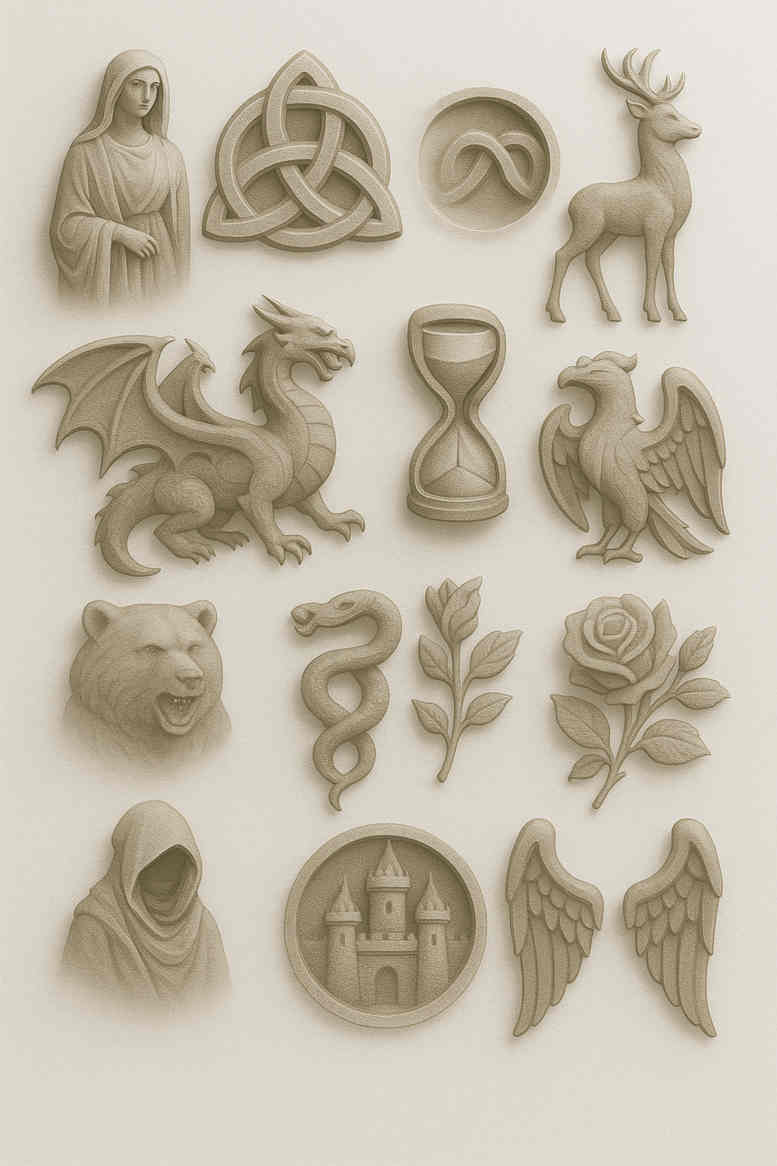 Monochrome black and grey minimalist tattoo study featuring dragon, deer, hourglass, leaves, and flowers in a collection-style design; AI-generated concept.