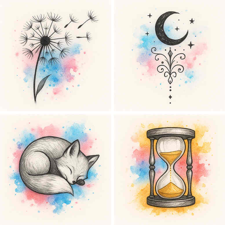Four-panel color tattoo concept featuring a dandelion, crescent moon, sleeping cat, and hourglass; color illustration, project idea, suitable for cover-up depending on placement.