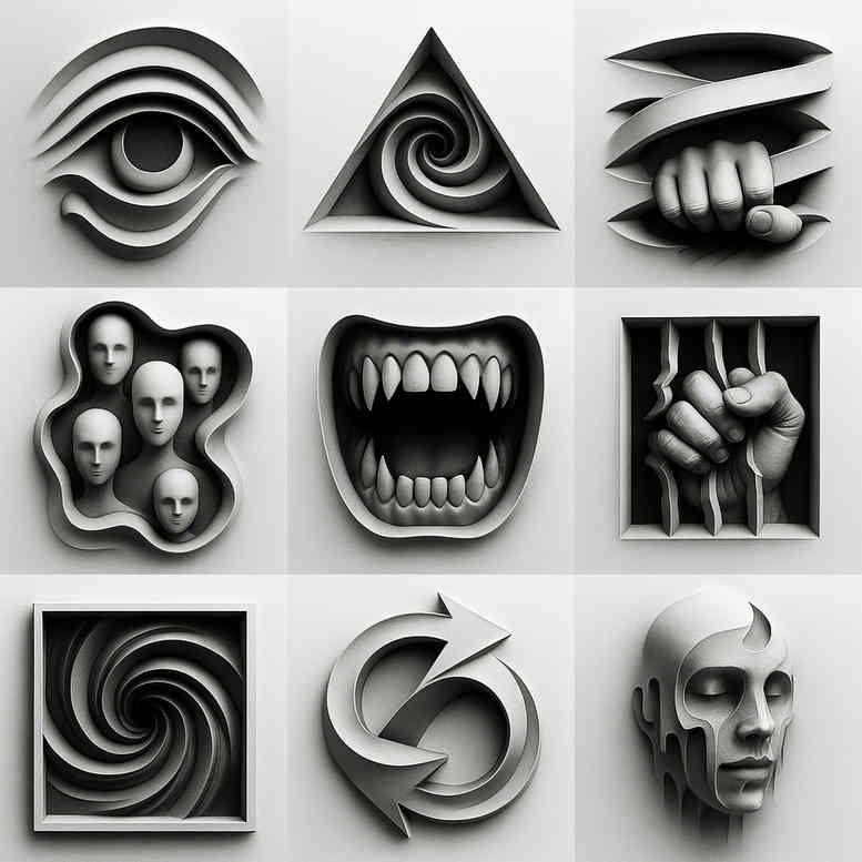 Black and grey tattoo study showing an eye inside a triangle, a hand silhouette, a skull, a mouth, a spiral and other geometric shapes; a project idea, suitable for cover-up.