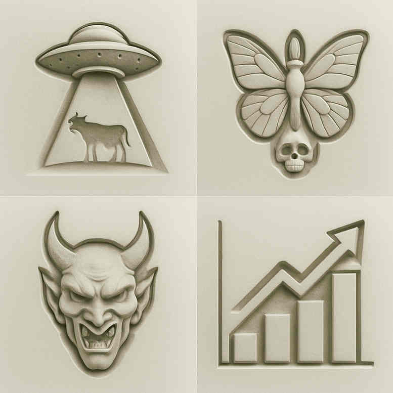 UFO with cow silhouette, butterfly with skull motif, demon face, and rising chart in black and grey; project idea tattoo design; not primarily a cover-up, AI-generated concept.