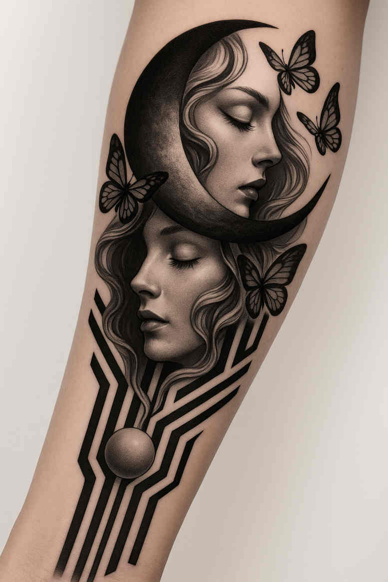 Moonlit faces and butterflies with geometric shading in black and grey; AI-generated concept for a cover-up-ready tattoo design.