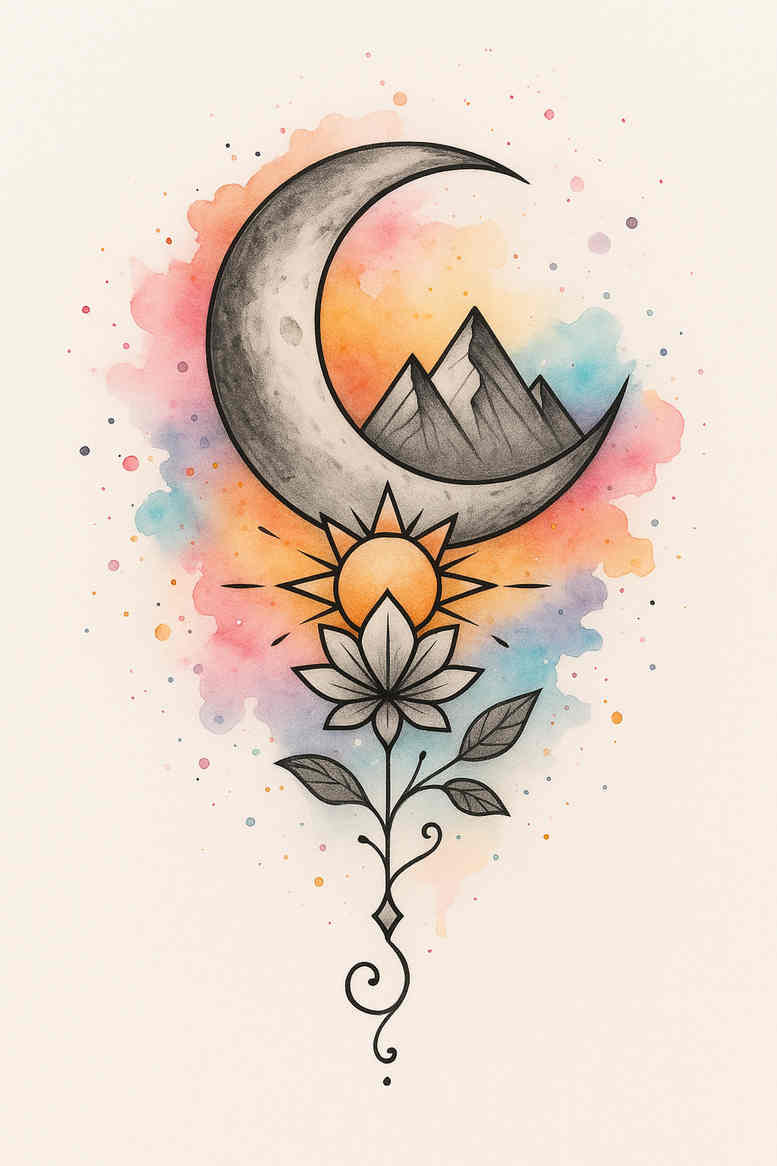 Moon crescent above stylized mountains with a blooming lotus and curling stem in watercolor splash; color tattoo design, project idea, cover-up suitable.