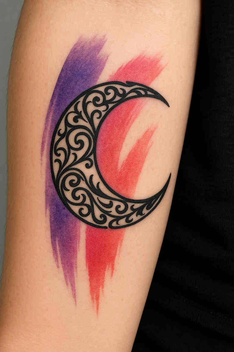 Crescent moon tattoo with ornate blackwork filigree and purple-red brush strokes, color design; concept sketch for cover-up suitability not emphasized.